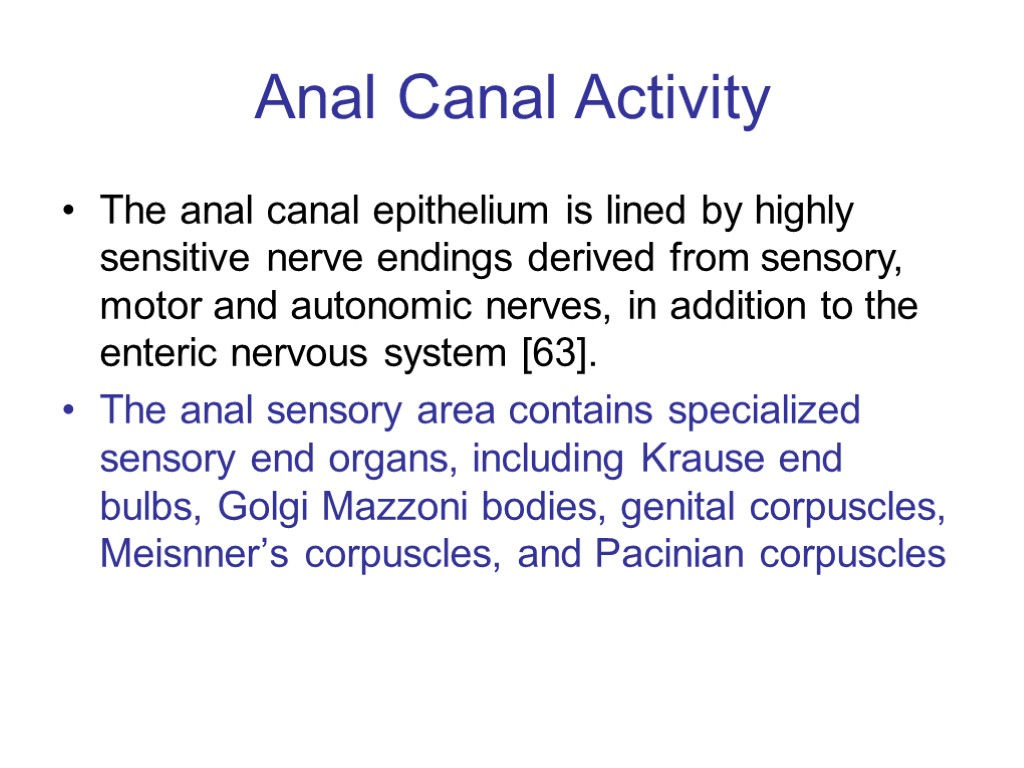 Anal Canal Activity The anal canal epithelium is lined by highly sensitive nerve endings